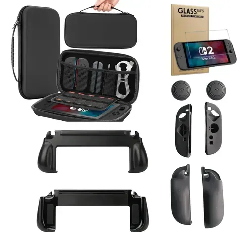 Foto 1 de Kit 5en1 Switch 2 Estuche Grip Case Vidrio (Negro)