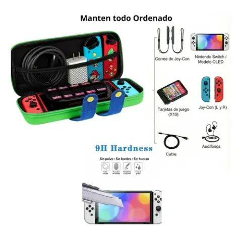 Foto 2 de Kit Estuche Goma Rígido + Vidrio Switch OLED (Verde)