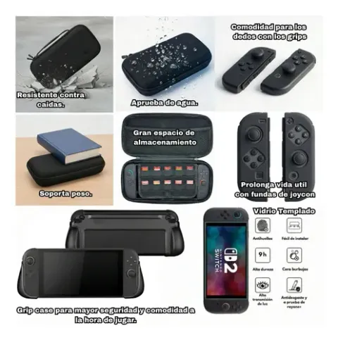 Foto 4 de Kit 5en1 Switch 2 Estuche Grip Case Vidrio (Negro)