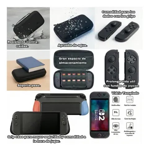 Foto 4 de Kit 5en1 Switch 2 Estuche Grip Case Vidrio (Azul y Rojo)